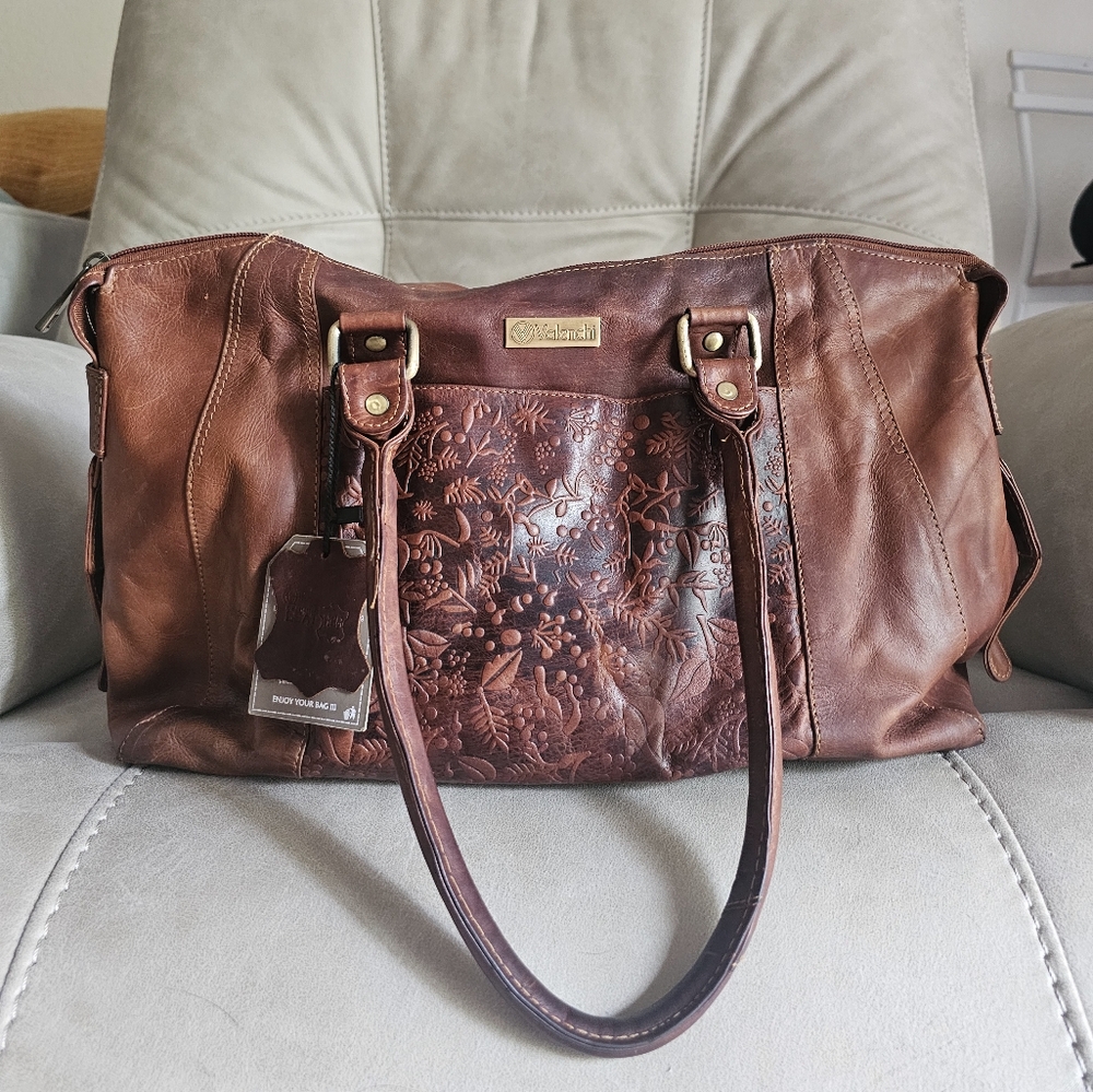 Brown Embossed Leather Tote Bag